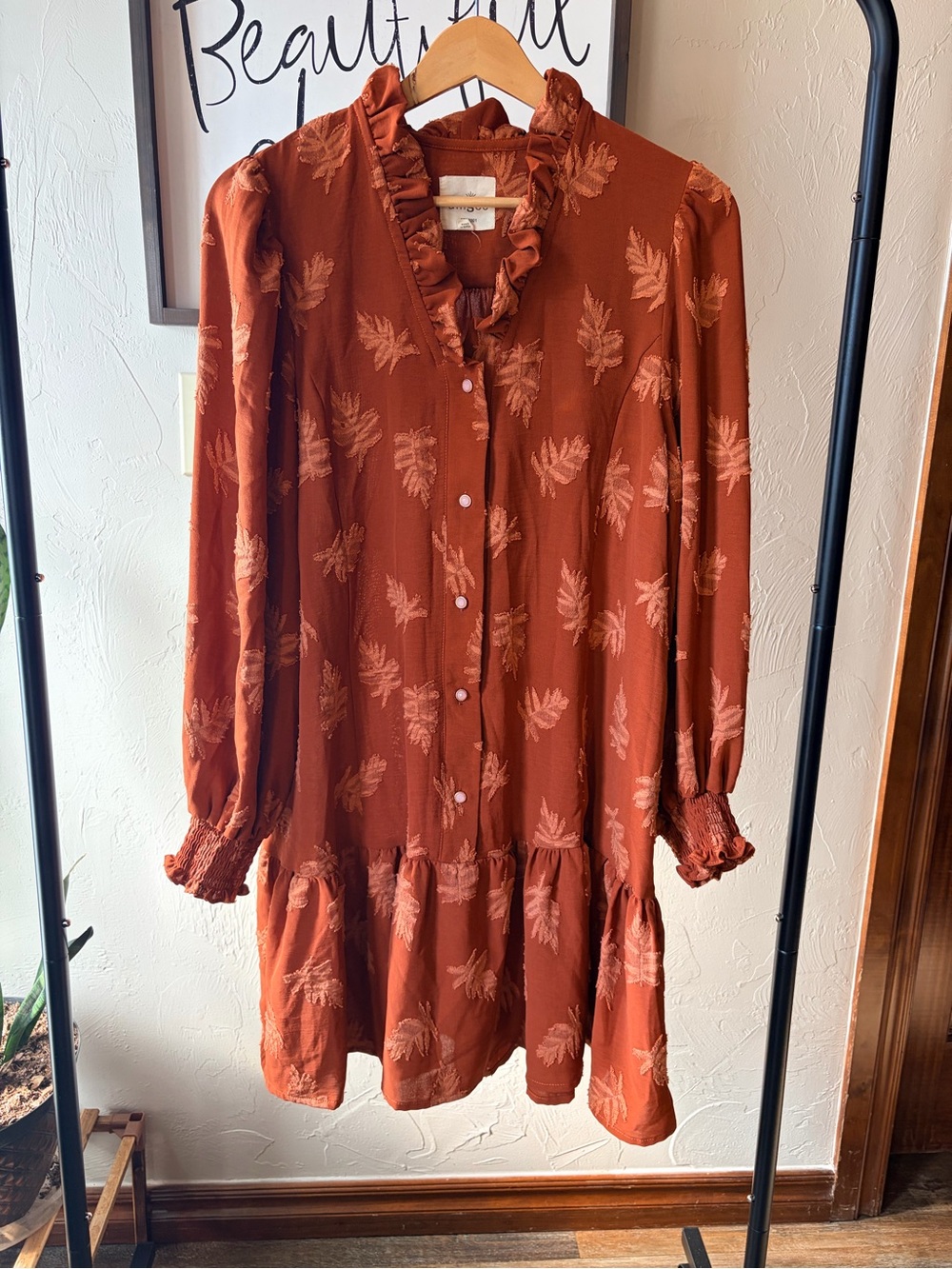 Umgee Fall Brown Floral Ruffle V-Neck Leaf Motif Puff Sleeve Swing Dress Sz S